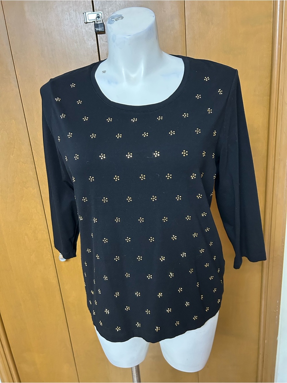 Chico's Black Long-Sleeve Scoop Neck Top with Gold Stud Detail